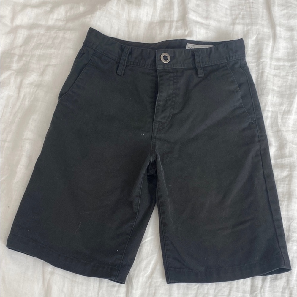 Black Flat Front Shorts with Knee Length and Sturdy Fabric